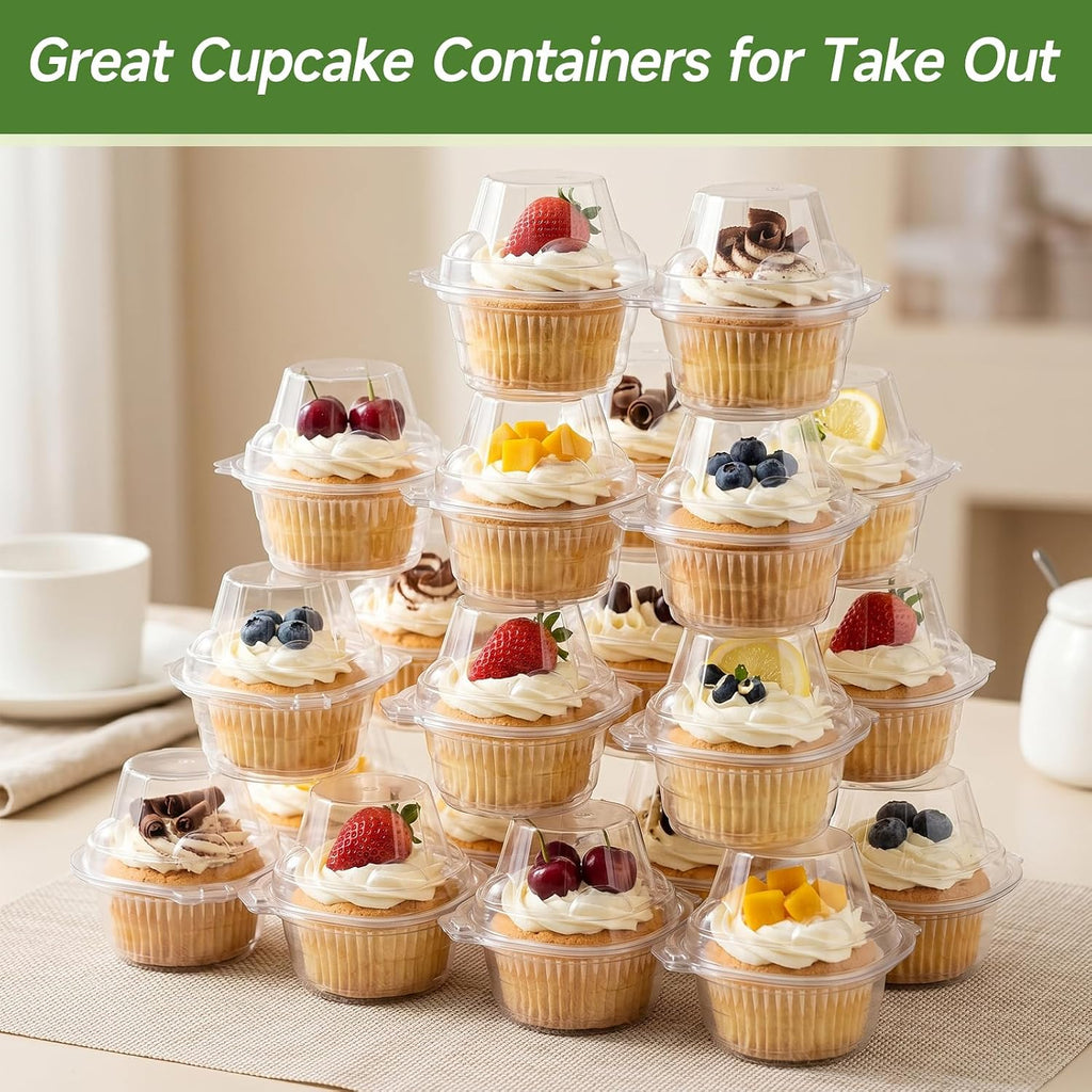 Dealusy 100 Pack Individual Cupcake Containers With Airtight Dome Lids, Clear Plastic Single Cupcake Boxes, Stackable Disposable Muffin Holders For Baking, Parties, Weddings & Picnics