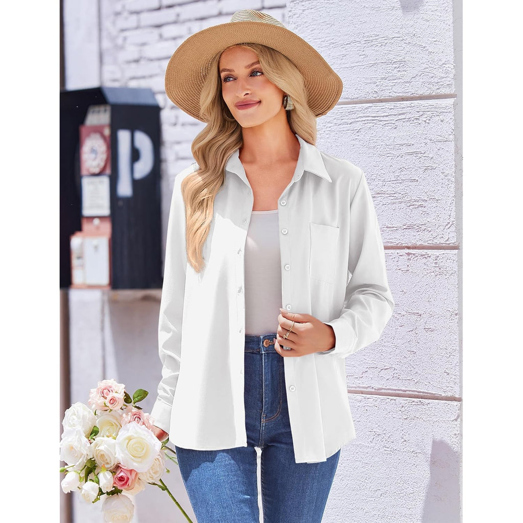 Womens Button Down Shirt Long Sleeve Blouse Business Work Tops Dressy Casual Floral Printed Outfits with Pocket
