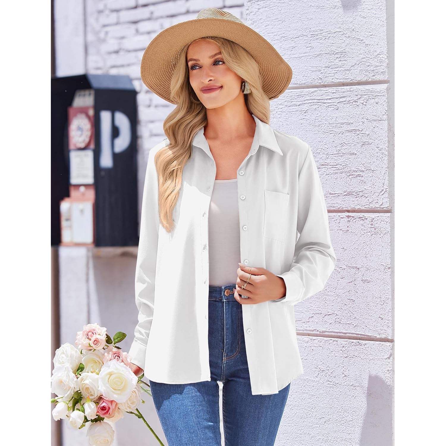 Womens Button Down Shirt Long Sleeve Blouse Business Work Tops Dressy Casual Floral Printed Outfits with Pocket