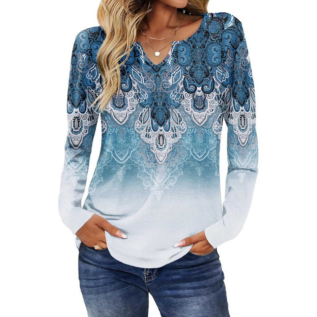 Long Sleeve Shirts for Women Spring Tops Casual Dressy V Neck Blouses Boho Tunic Western Clothes Vacation Outfits