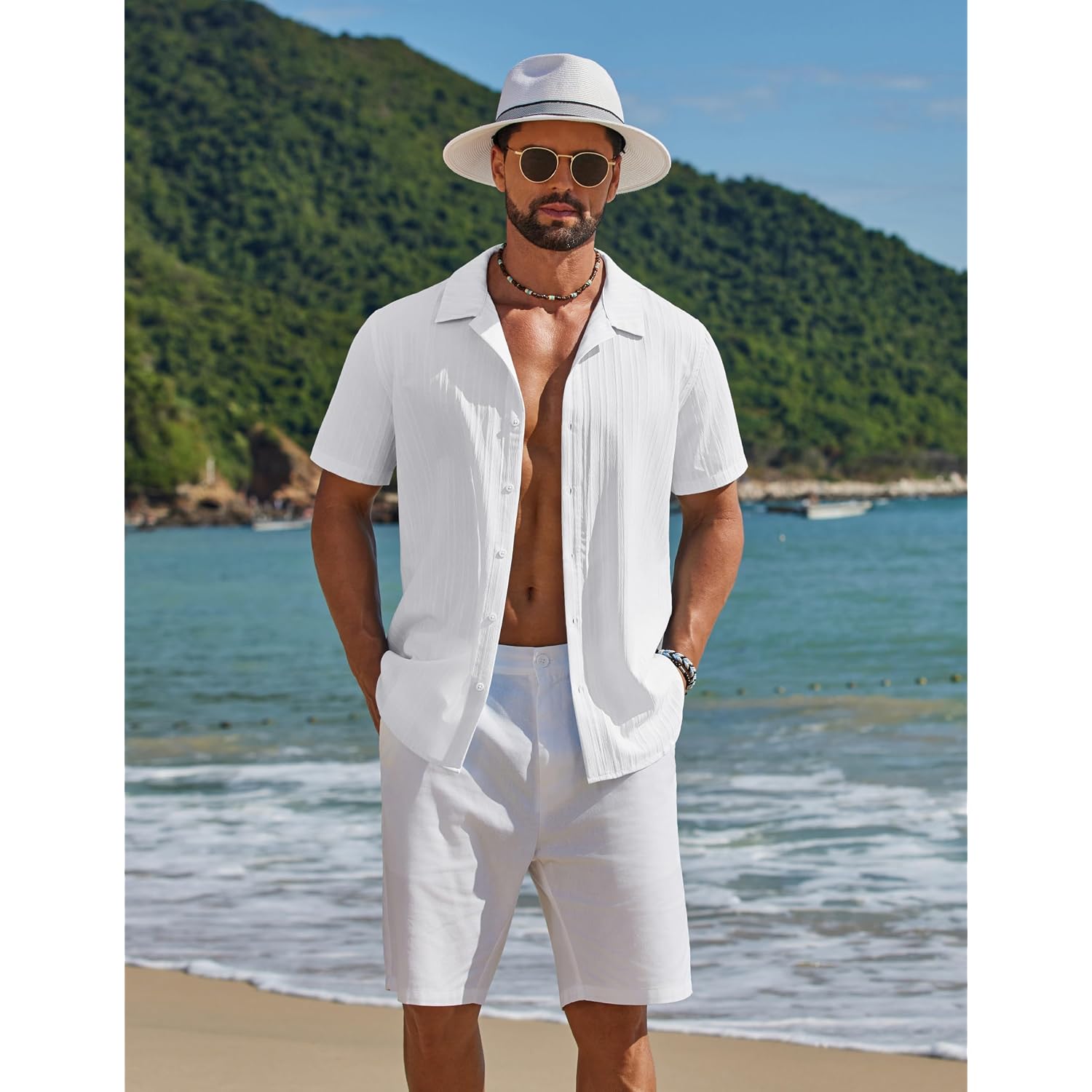 Coofandy Men'S Short Sleeve Casual Button Down Shirts Textured Summer Beach Shirt