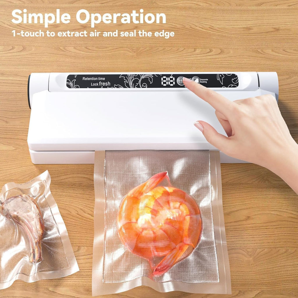 Compact Vacuum Sealer Machine, 75Kpa Strong Suction, Led Digital Timer Display, Dual Use For Dry & Wet Foods, Includes 20 Bags, Ideal For Home Kitchen Use, White