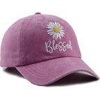 Embroidered Daisy Blessed Hat for Women Men, Adjustable Vintage Washed Cotton Christian Baseball Cap Pink