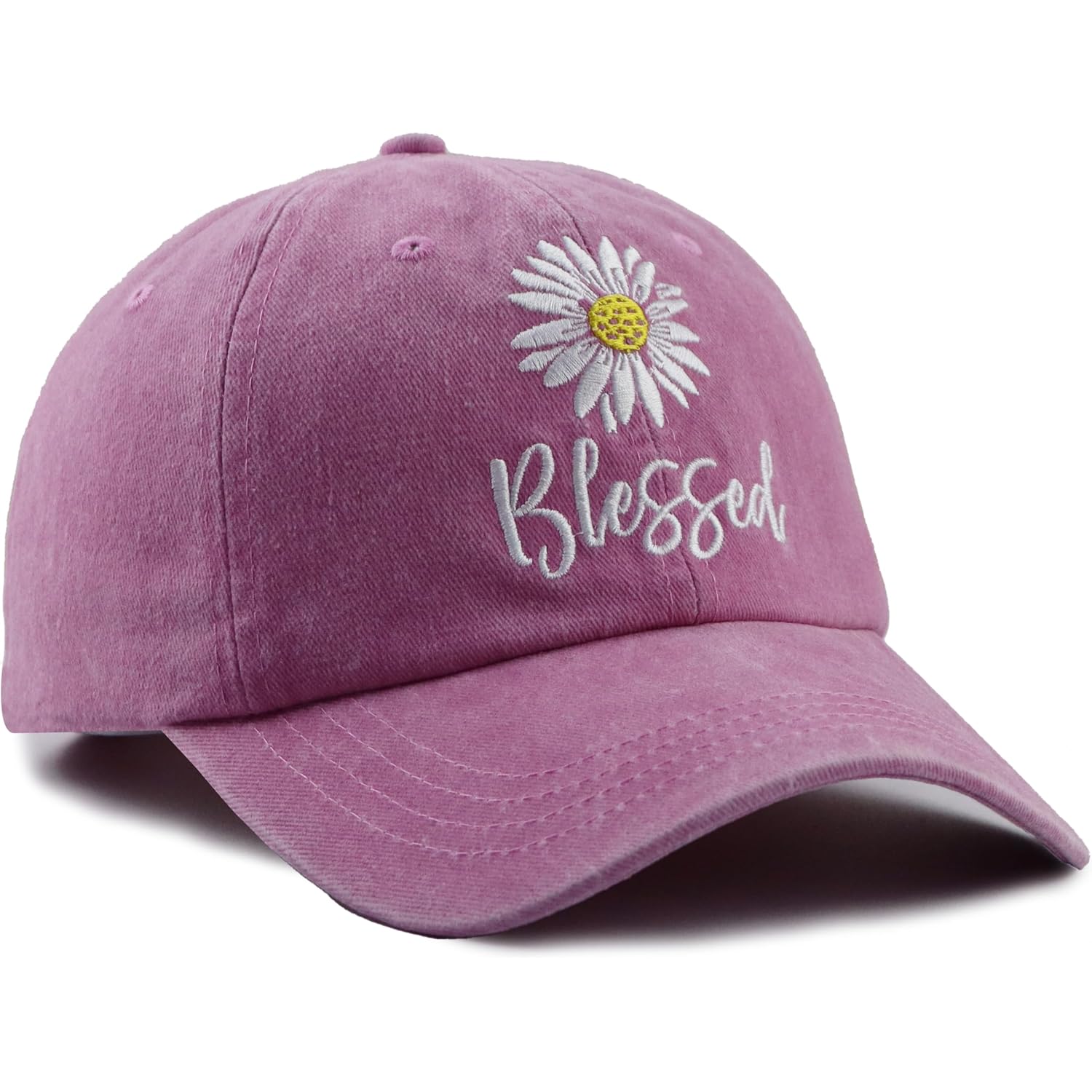 Embroidered Daisy Blessed Hat for Women Men, Adjustable Vintage Washed Cotton Christian Baseball Cap Pink