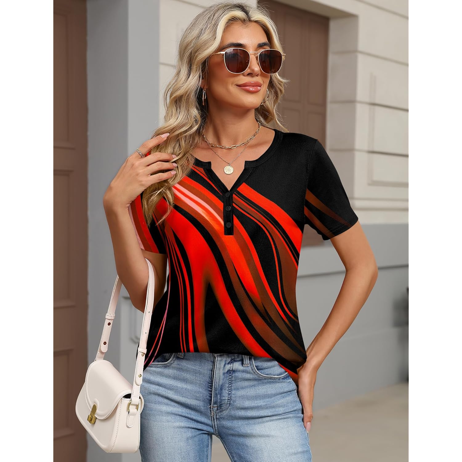 Women's Tops Dressy Casual Summer Blouses Short Sleeve Button V Neck Spring Tee Shirts