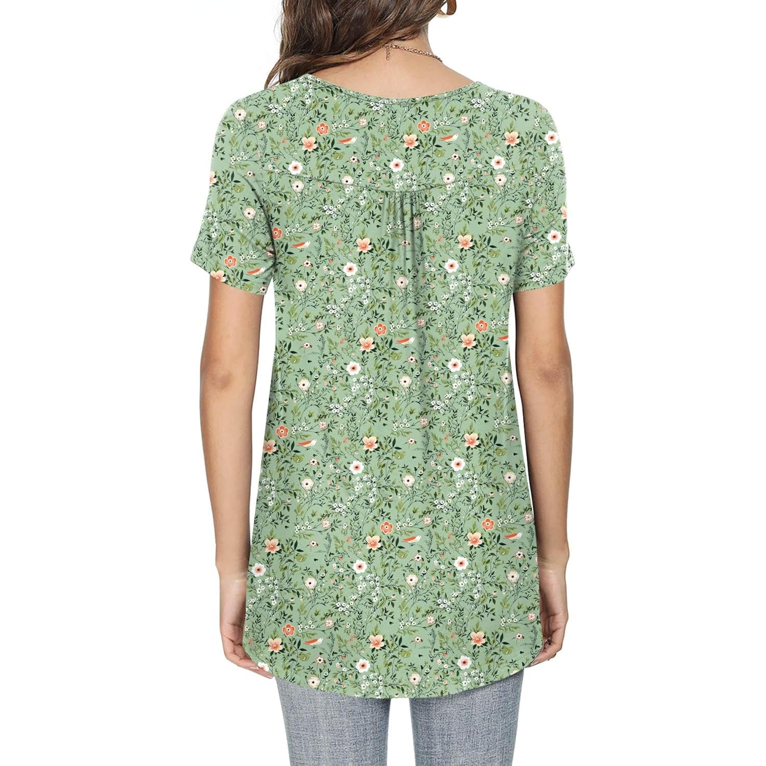 Women's Tunic Tops Short Sleeve Henley Pleated Blouse Loose Fit Summer Shirts for Leggings