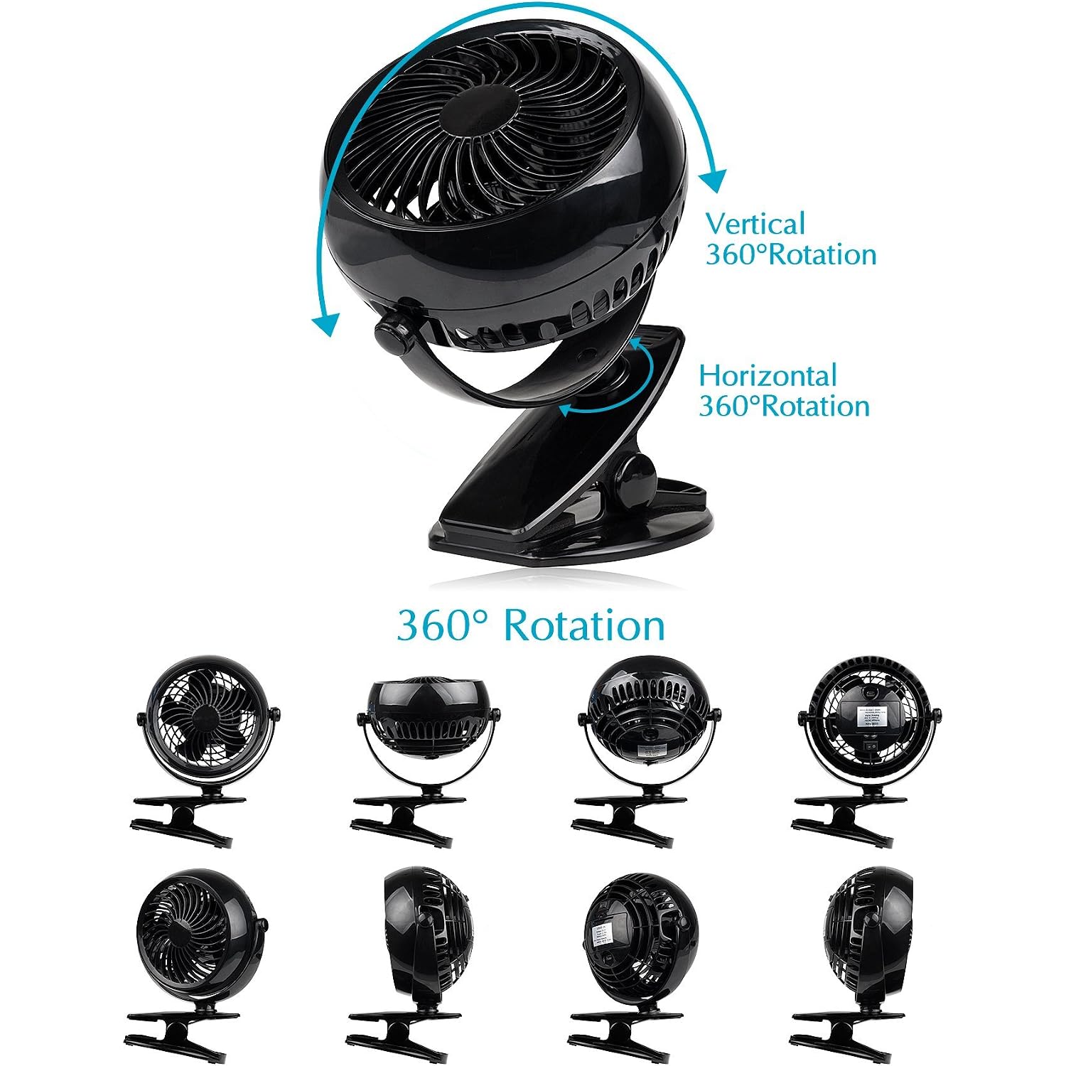 Gazeled Clip On Fan Battery Operated, 360° Rotation, With 8 Free Aa Batteries, Quiet Usb Or Battery Operated Fan, 5'' Portable Battery Powered Clip On Fans For Camping, Stroller, Bedroom, Outdoor
