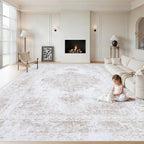 XLUEZ Area Rug 8x10 Living Room Rug, Machine Washable Vintage Distressed Medallion Rug Non-Slip Soft Low Pile Large Indoor Rugs for Bedroom Dining Room Office Children's Room (Beige,8'x10')