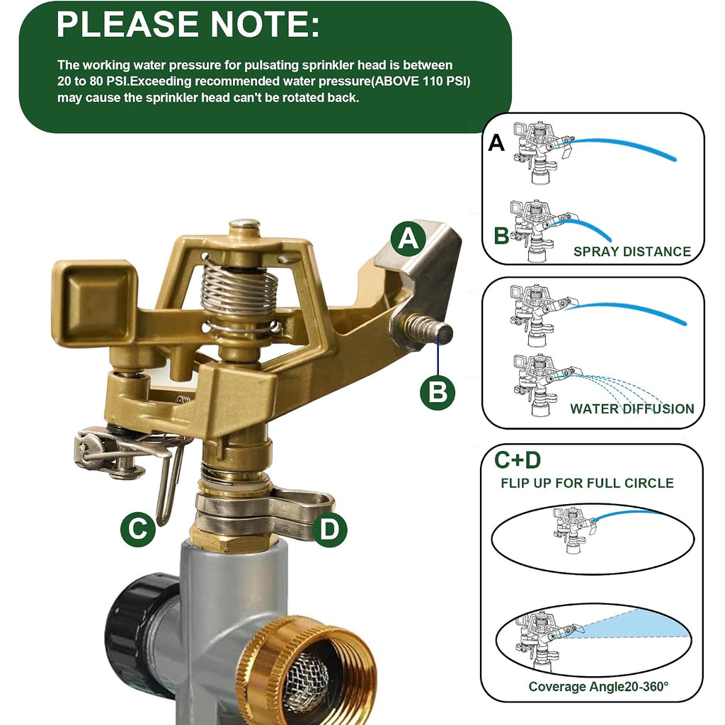 Liulo Tool 2 Pack Zinc Alloy Impact Sprinklers For Yard, Stainless Steel Pulsating Water Sprinkler Head On Spike Base, Adjustable Water Sprinklers For Large Area Patio Lawn Garden Irrigation