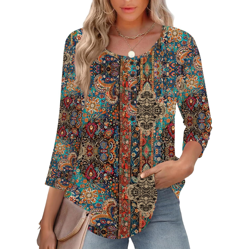 3/4 Length Sleeve Womens Tops Round Neck Casual Summer Tunic Tops Basic Tees Blouses Dressy T-Shirts Pleated Shirts