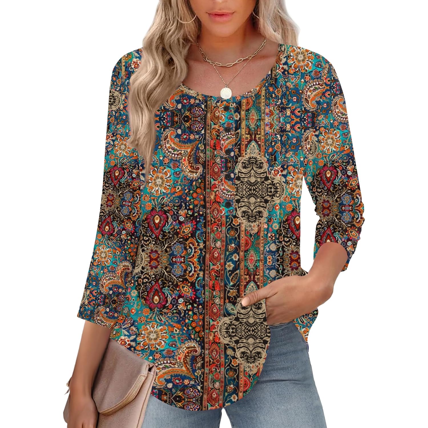 3/4 Length Sleeve Womens Tops Round Neck Casual Summer Tunic Tops Basic Tees Blouses Dressy T-Shirts Pleated Shirts