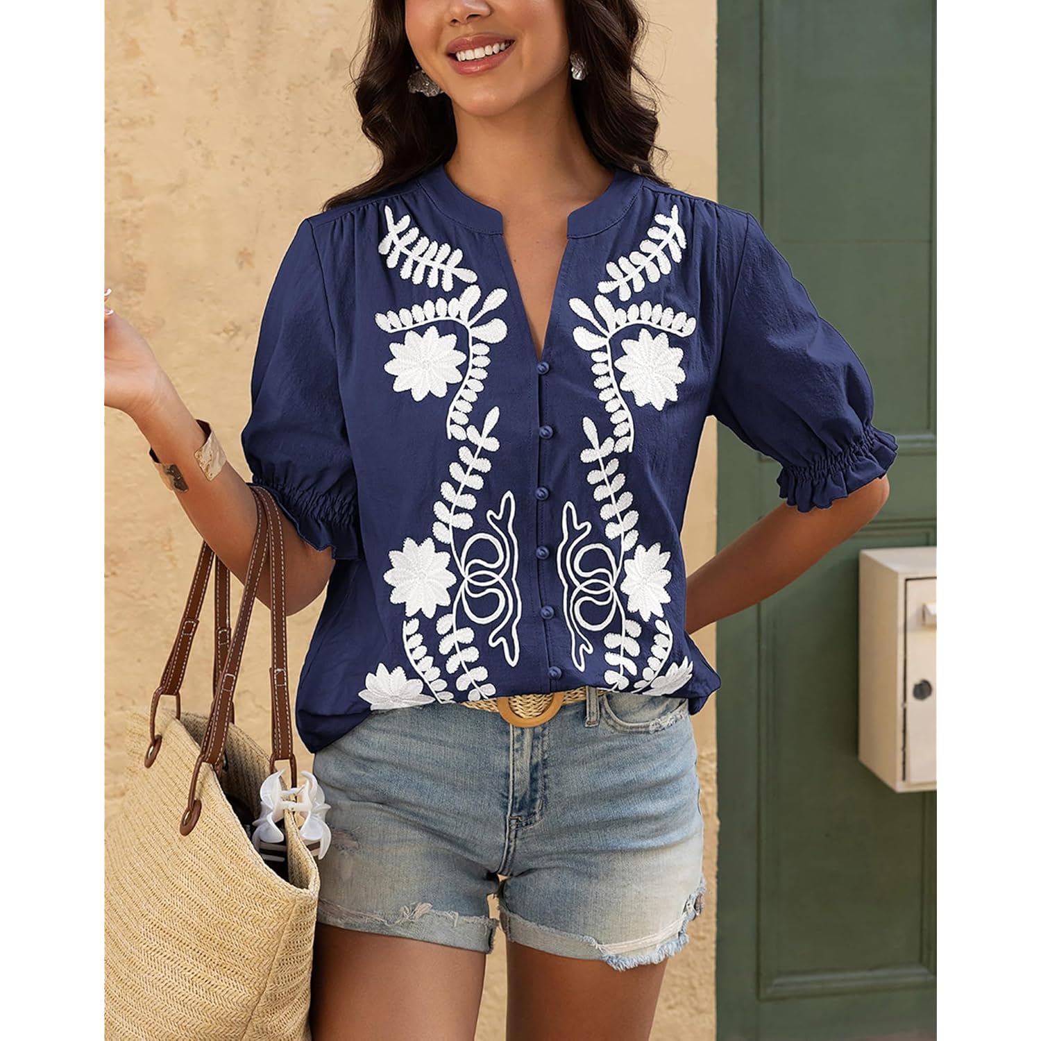 Women's 2026 Spring Tops Casual Floral Boho V Neck Puff Short Sleeve Button Down Shirts Embroidered Blouses Tunic