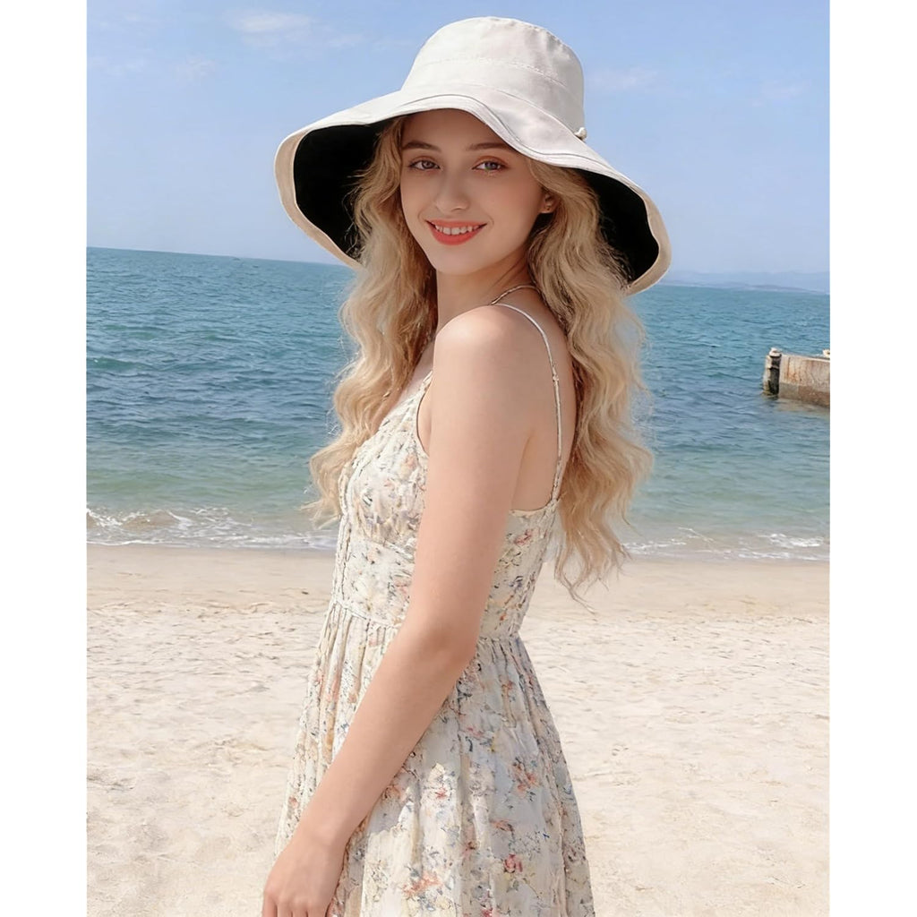 Sun Hat for Women Wide Brim Reversible Double-Sided UV Protection Cotton Fishing Bucket Hat Summer Beach UPF 50+