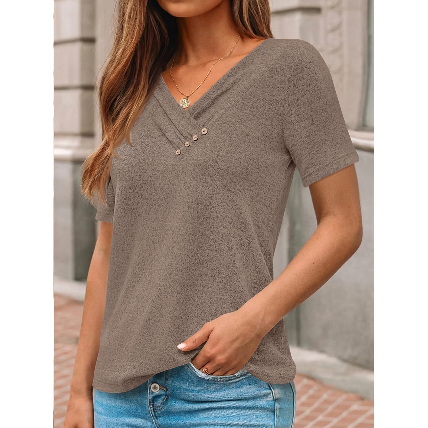 AUTOMET Womens Short Sleeve Tunic Top Spring Summer V Neck Button Shirts 2026 Dressy Casual Business Blouses