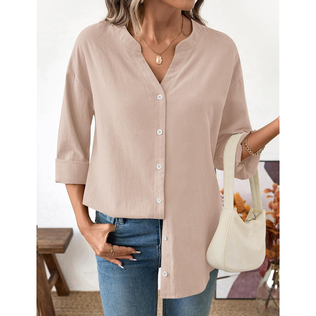 Lomon Womens Button Down Shirts Long Sleeve Cotton Button Up Shirt Linen V Neck Casual Loose Tops Blouses