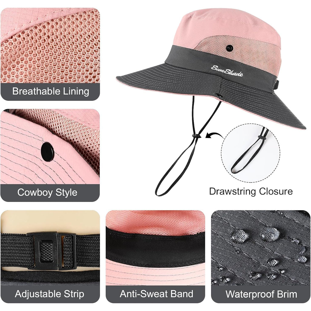 Womens Sun Hat - Sun Hats for Women with Ponytail Hole, Foldable Wide Brim Cooling Mesh Beach Fishing Hat for Outdoor