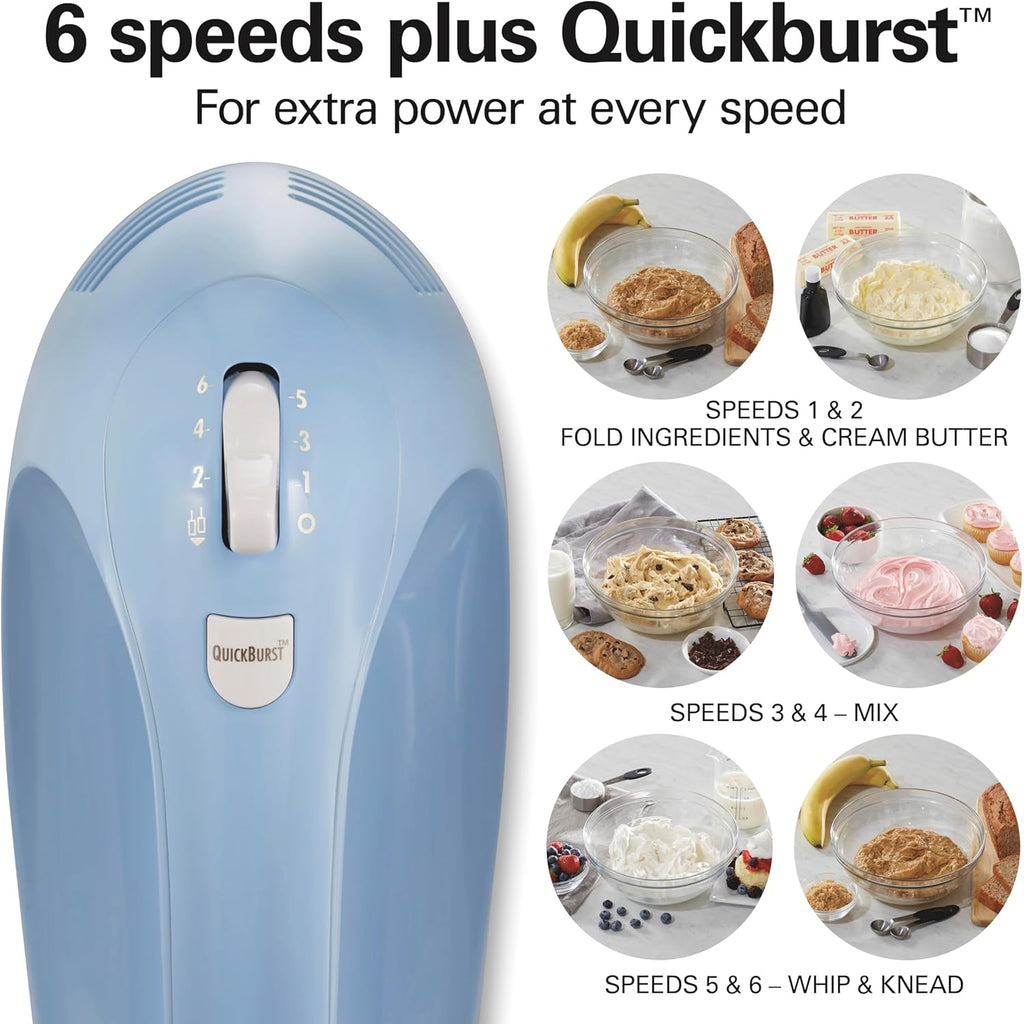 Hamilton Beach 6-Speed Electric Hand Mixer with Whisk, Dough Hooks and Easy Clean Beaters, Powerful 275 Watt Motor, Snap-On Storage Case, Blue