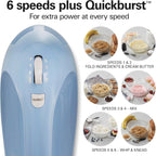 Hamilton Beach 6-Speed Electric Hand Mixer with Whisk, Dough Hooks and Easy Clean Beaters, Powerful 275 Watt Motor, Snap-On Storage Case, Blue