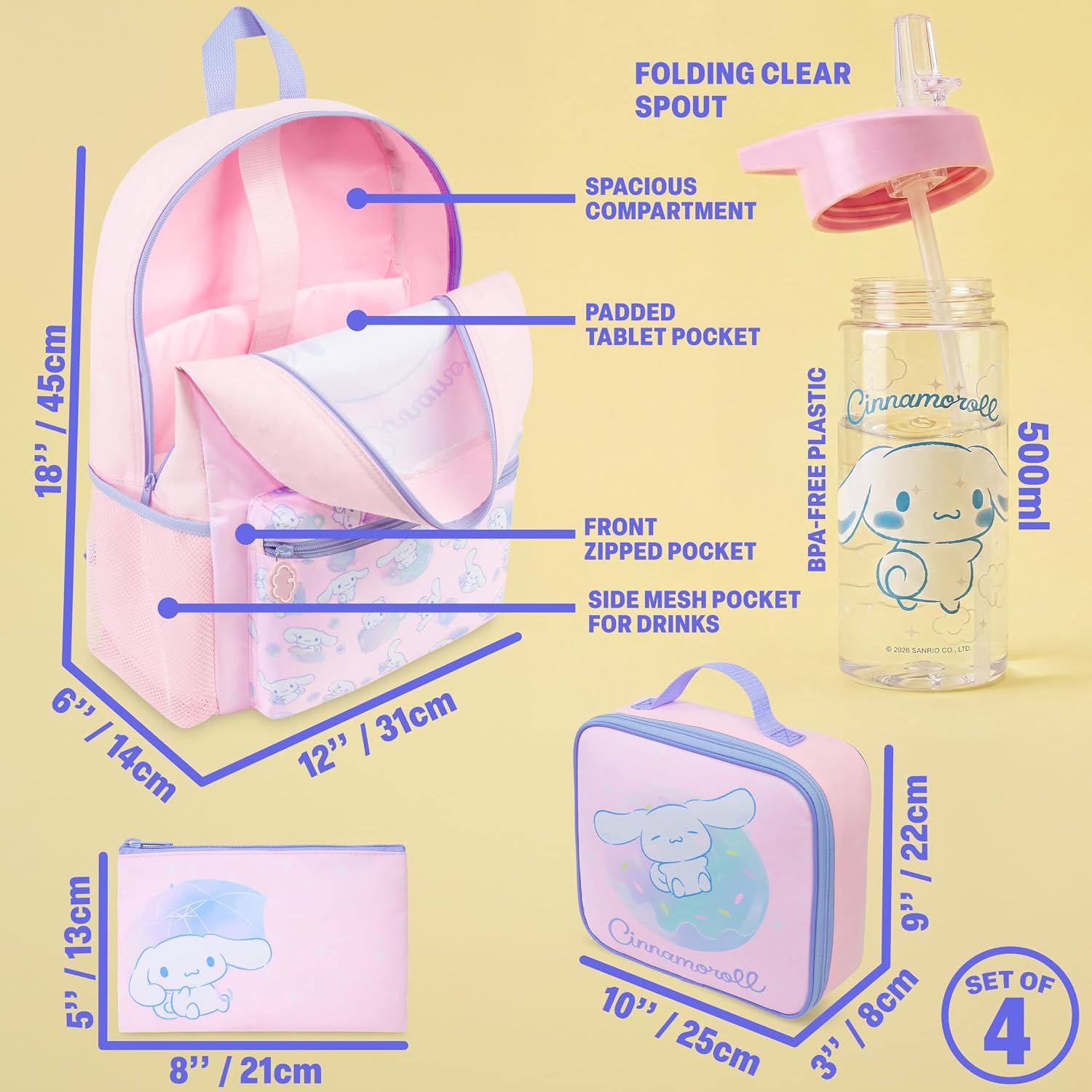 Get Trend Cinnamoroll Girls Backpack, Lunch Bag, Pencil Case, Water Bottle | Sanrio 4 Pc Set, 18In Bookbag, Insulated Lunch Bag, Pencil Pouch & 16.9 Fl Oz Bpa-Free Water Bottle, School, Gifts For Girls