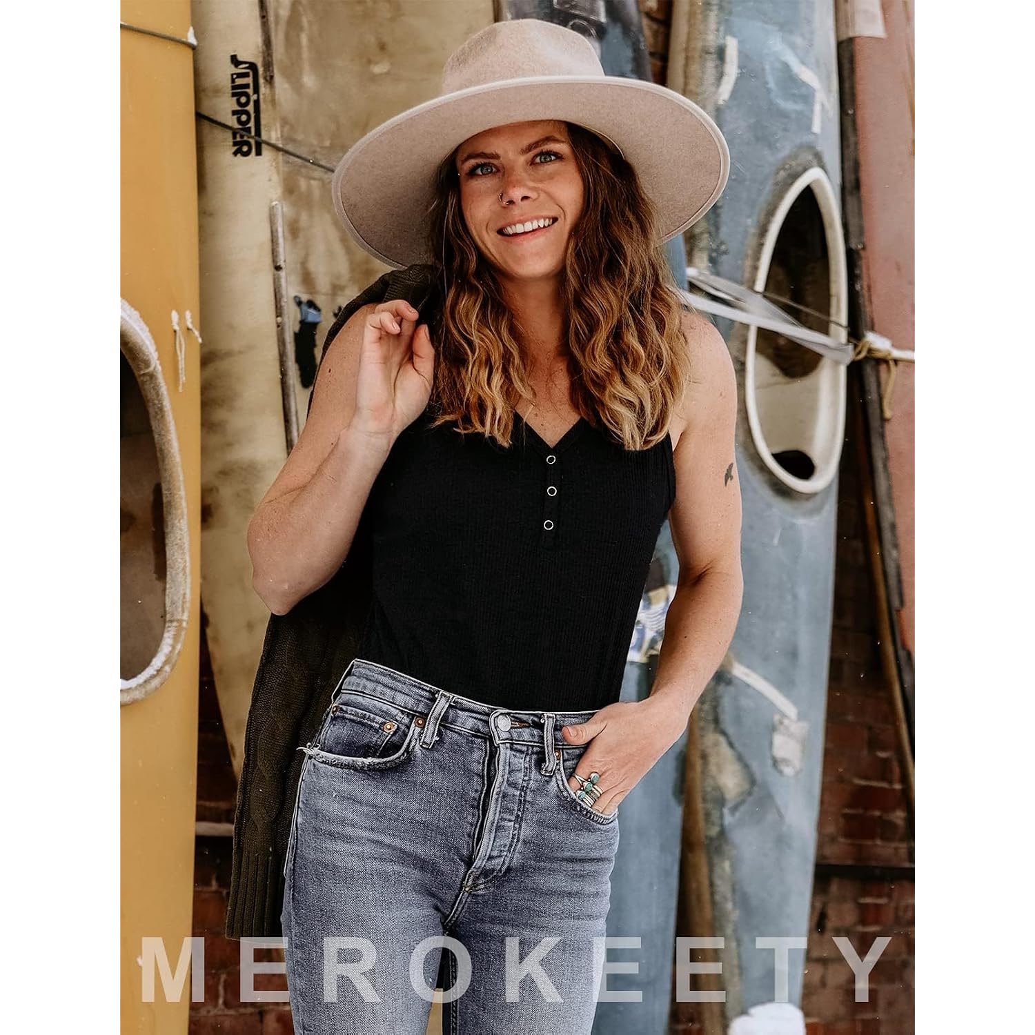 Merokeety Women'S 2026 Summer Sleeveless Tank Tops V Neck Ribbed Dressy Casual Henley Shirts Button Loose Cami Tees