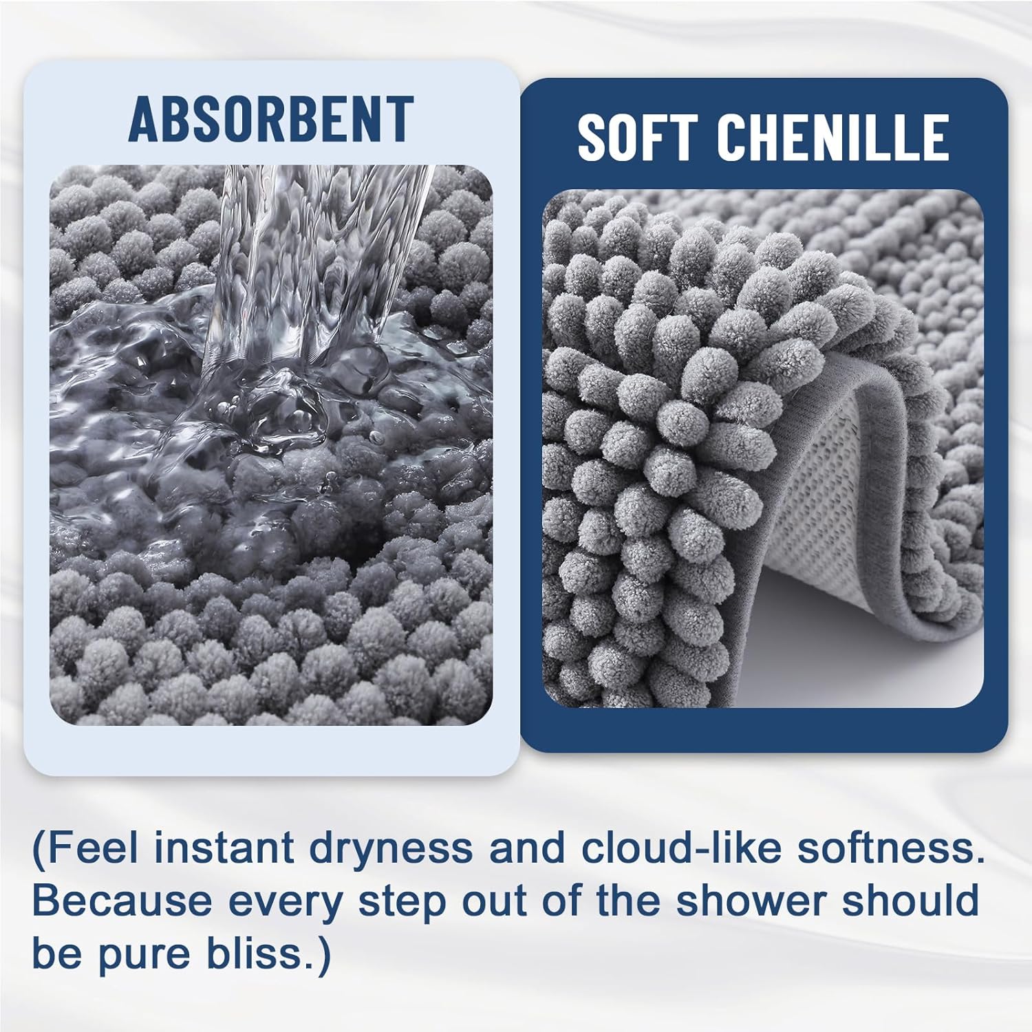 Grandaily Chenille Striped Bathroom Rugs 30x20, Extra Thick and Soft Absorbent Bath Mats, Rubber Backing, Plush Shaggy Shower Carpet, Machine Wash Dry, Bath Rug for Bathroom, Grey