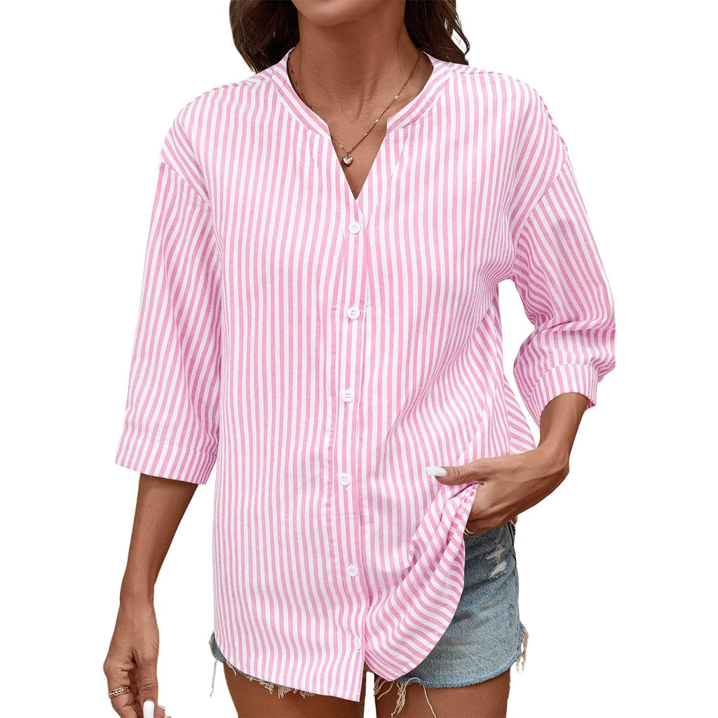 Lomon Cotton 3/4 Sleeve Button Down Shirts For Women Gingham Plaid Striped Tops V Neck Casual Loose Blouse