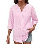 Lomon Cotton 3/4 Sleeve Button Down Shirts For Women Gingham Plaid Striped Tops V Neck Casual Loose Blouse