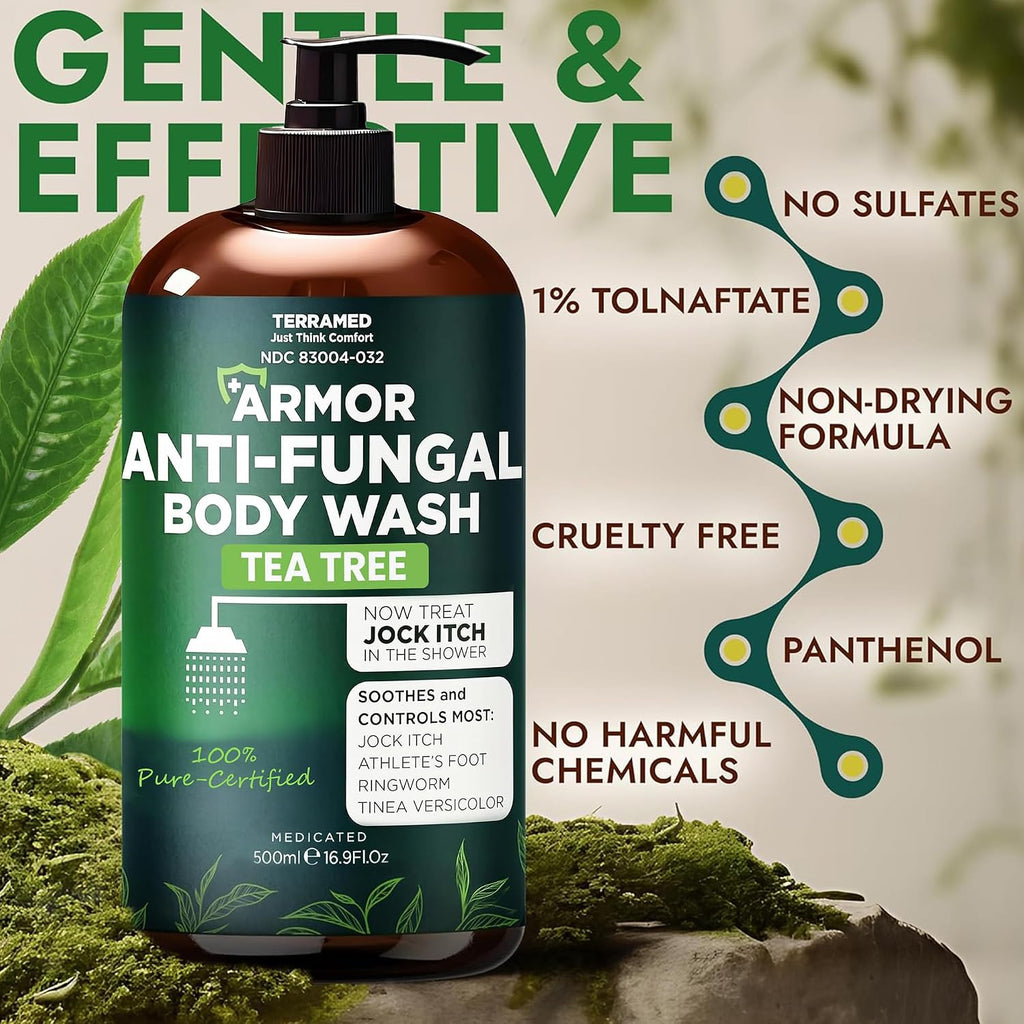 Antifungal Body Wash With Tea Tree Oil | Antifungal Soap For Back Acne,Treats Ringworm, Eczema & Jock Itch | Antifungal Body Soap For Men And Women | Includes Silicon Scrubber (16.9 Oz)