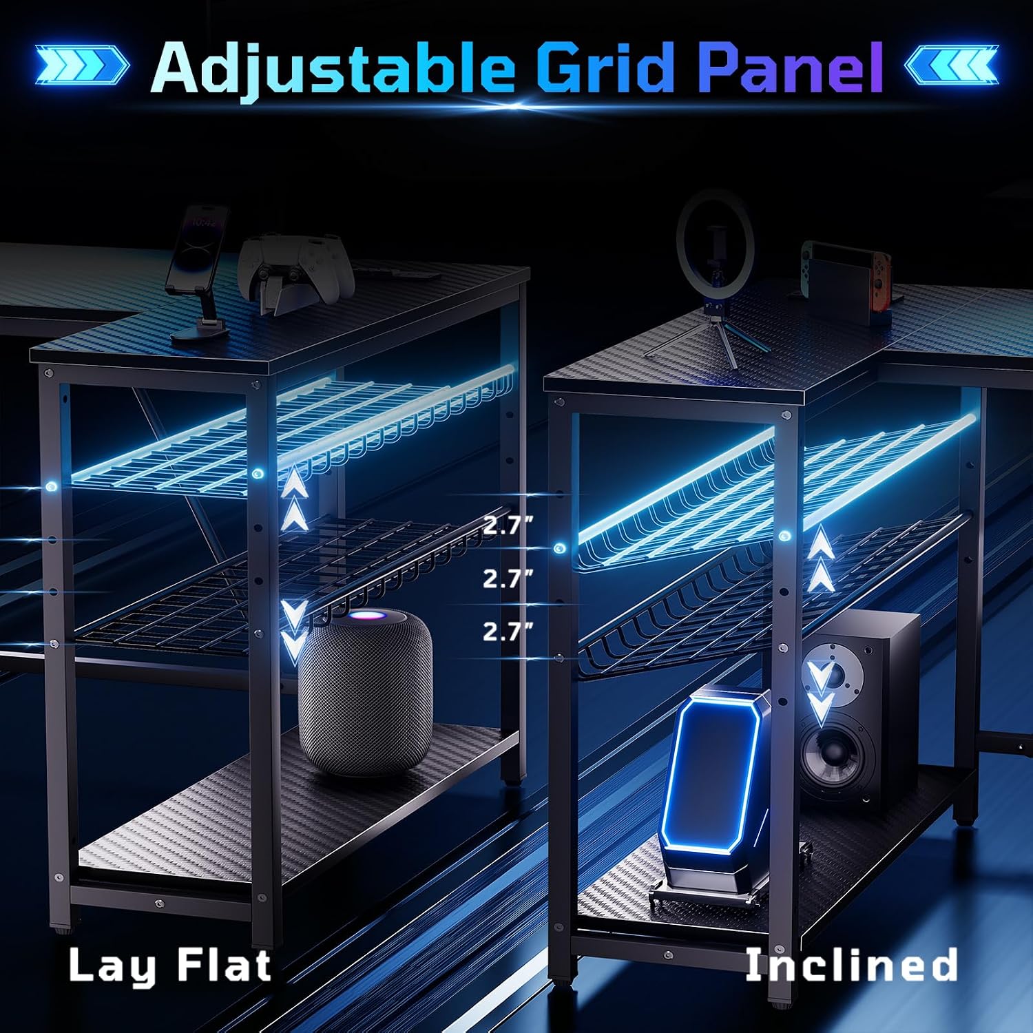 Bestier Gaming Desk With Power Outlets, 42" L-Shaped Computer Desk With Led Lights, Desk With Reversible Storage Shelves & Hooks For Small Spaces, Bedrooms & Offices, Black Carbon Fiber