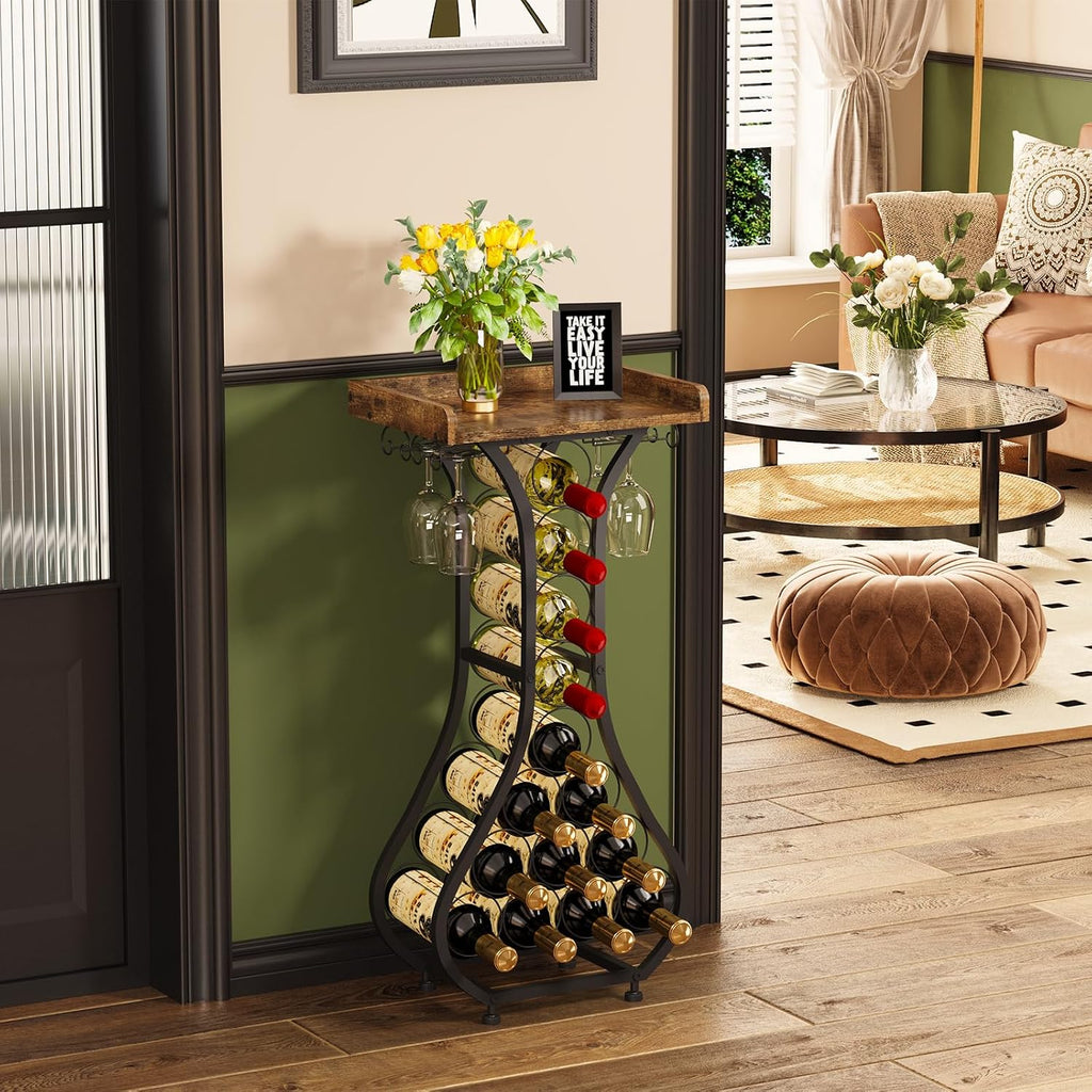 X-Cosrack Wine Rack Freestanding Floor, Mini Bar Table Wine Holder Stand Liquor Cabinet With Glass Holder Wood Tabletop 14 Bottles Floor Wine Storage For Home Bar Kitchen Living Room
