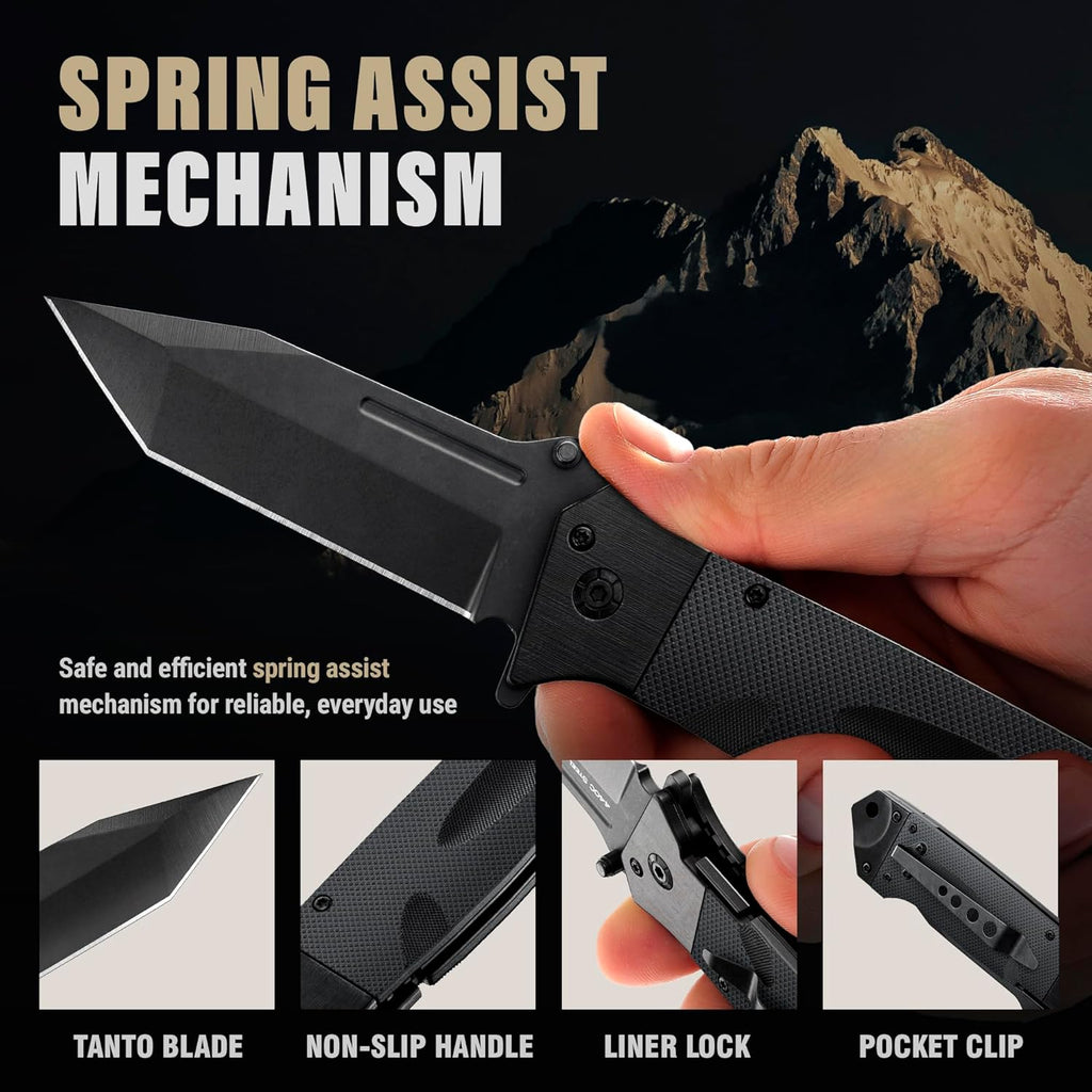 Spring Assisted Heavy Duty Pocket Knife for Men - 3.5" Tanto Sharp Blade - Folding Tactical Self Defense Japanese Knives with Portable Clip - for Hunting Camping Military Survival Work EDC 6688 BB