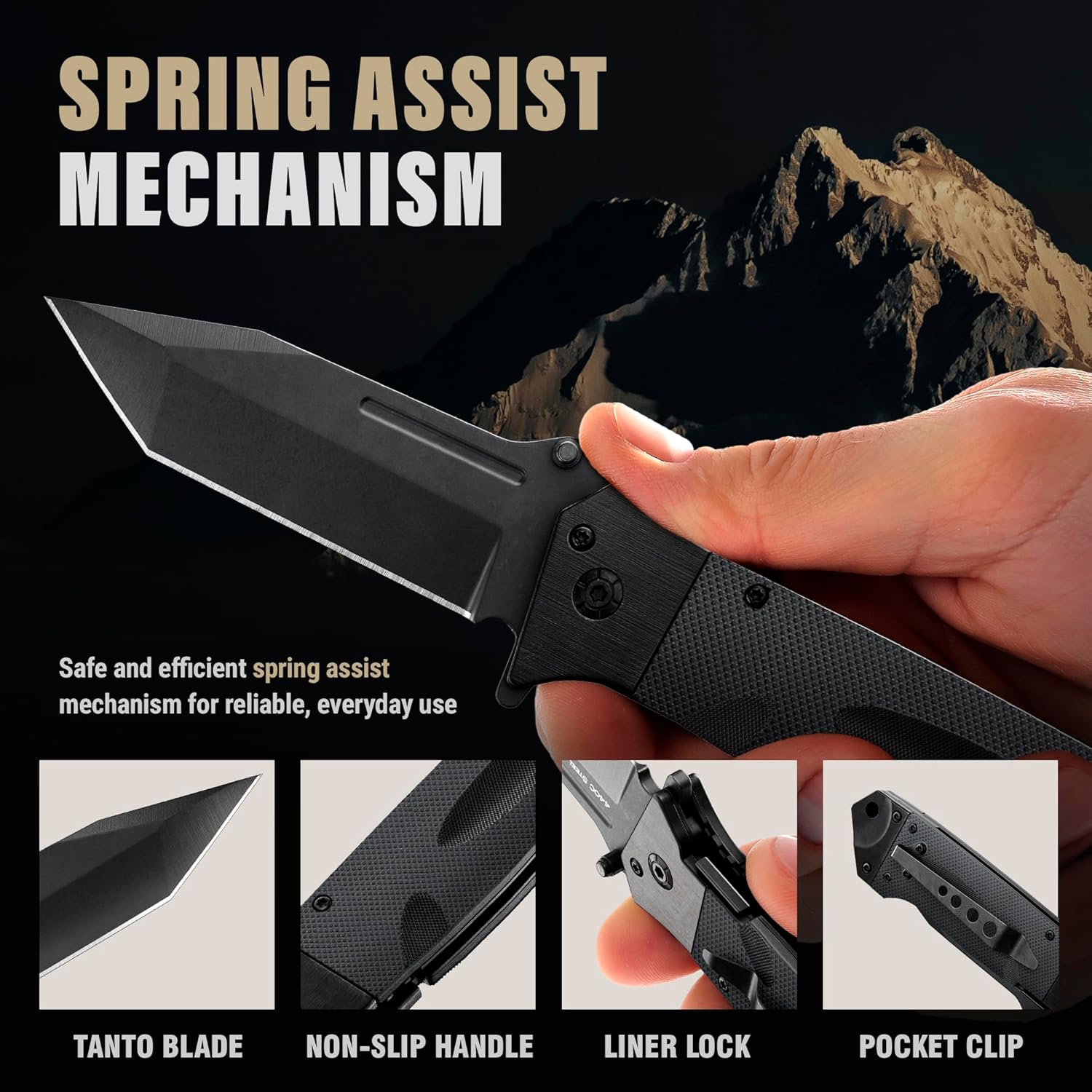 Spring Assisted Heavy Duty Pocket Knife for Men - 3.5" Tanto Sharp Blade - Folding Tactical Self Defense Japanese Knives with Portable Clip - for Hunting Camping Military Survival Work EDC 6688 BB
