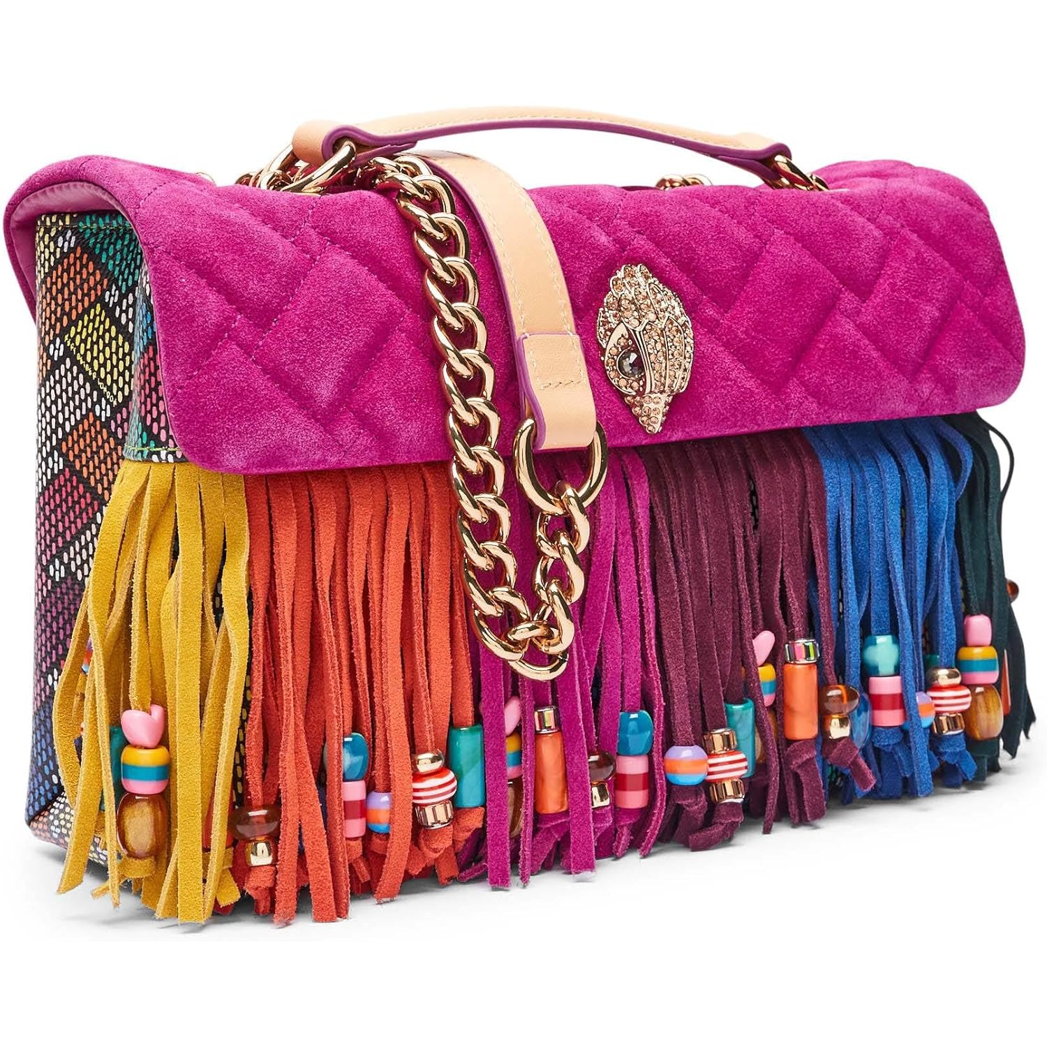 KURT GEIGER LONDON Kensington Leather Fringe Shoulder Bag | Double chain strap, Magnetic closure, Bead accent