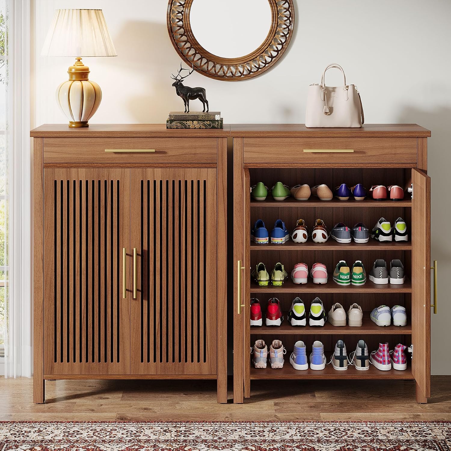 Tribesigns Shoe Cabinet, 5-Tier Shoe Storage Cabinet With Louvered Doors And Drawer, Freestanding Wooden Shoe Rack Organizer With Adjustable Shelves For Entryway, Hallway, Closet, Brown