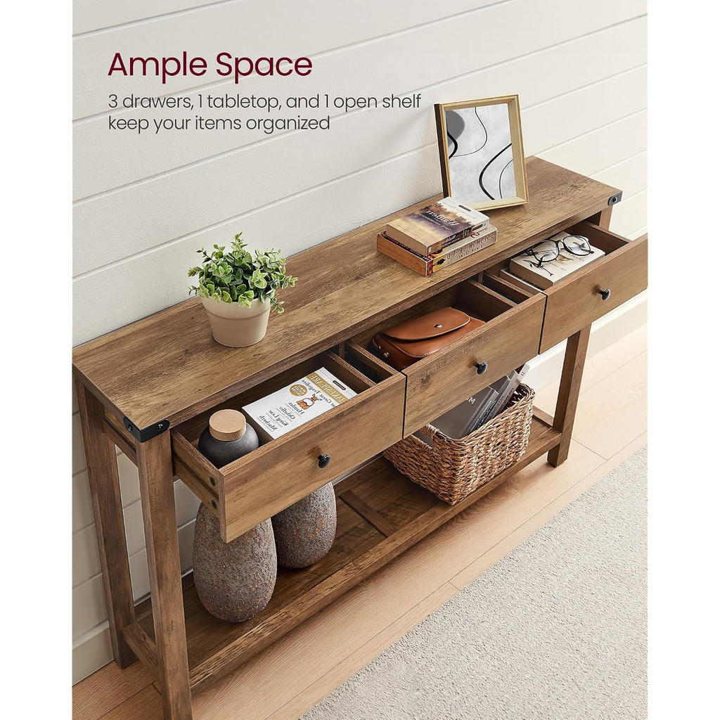 Vasagle Liry Collection Narrow Console Table With 3 Drawers, Brown | Sofa Table With Storage Shelf, Metal Corners, Farmhouse Style, Ulnt142Kb02S