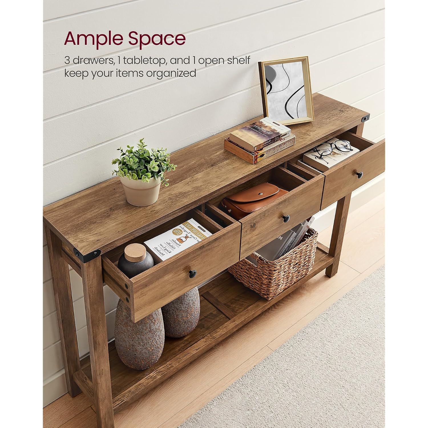Vasagle Liry Collection Narrow Console Table With 3 Drawers, Brown | Sofa Table With Storage Shelf, Metal Corners, Farmhouse Style, Ulnt142Kb02S