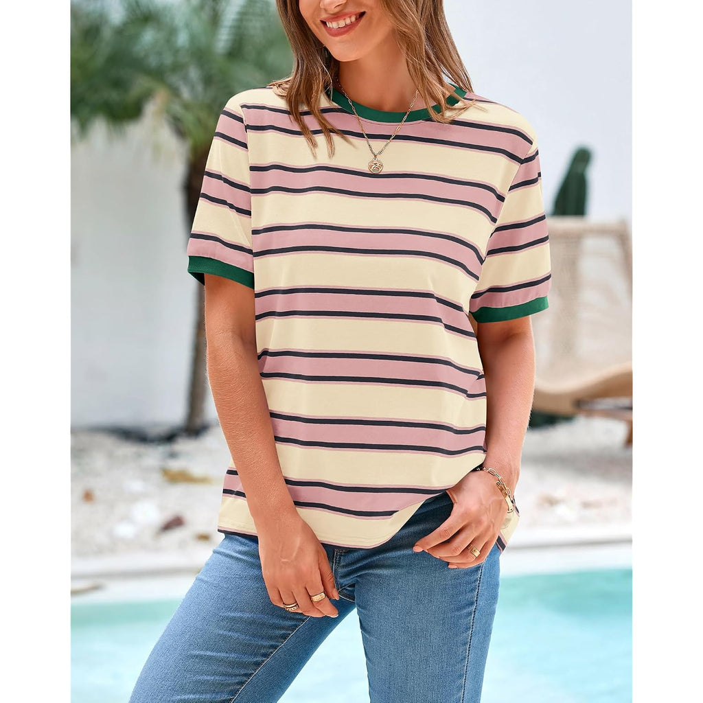 Btfbm Summer Tops For Women 2026 Crewneck Short Sleeve Striped T Shirts Casual Spring Clothes Color Block Basic Tee Blouses