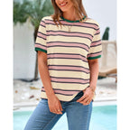 Btfbm Summer Tops For Women 2026 Crewneck Short Sleeve Striped T Shirts Casual Spring Clothes Color Block Basic Tee Blouses