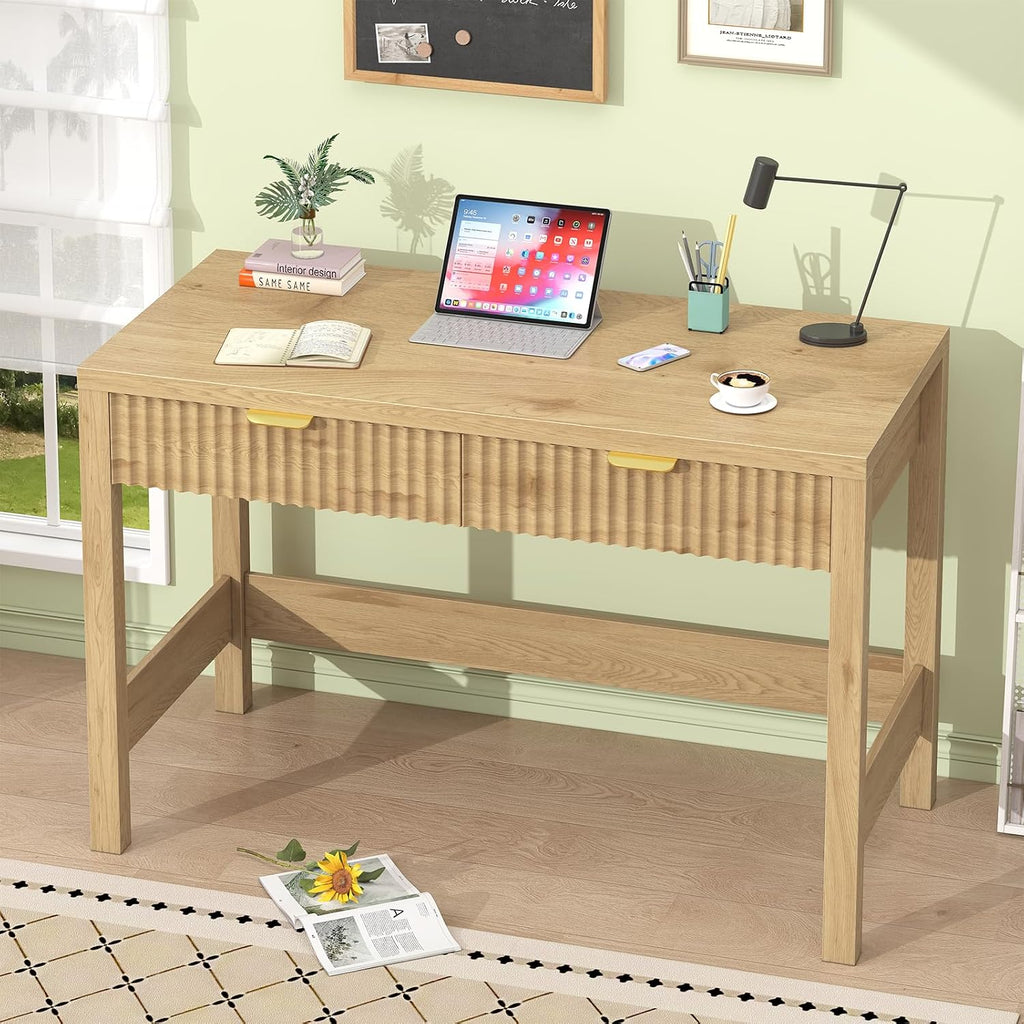 Fluted Computer Desk With 2 Drawers, 39 Inch Small Computer Desk With Storage, Compact Writing Study Desk For Small Spaces