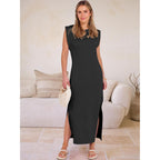 Anrabess Women Summer Casual Sleeveless Maxi Dress 2026 Crewneck Loose Split Wrinkle-Free Beach Travel Vacation Long Sundress