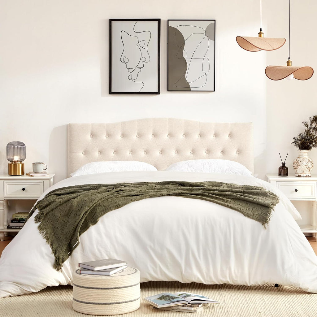 Tufted Upholstered Headboard Queen Size, Sturdy And Durable Solid Wood Bed Headboard, Fabric Headboard Adjustable Height From 37” To 51”, Modern Button Diamond Design Head Board, Beige