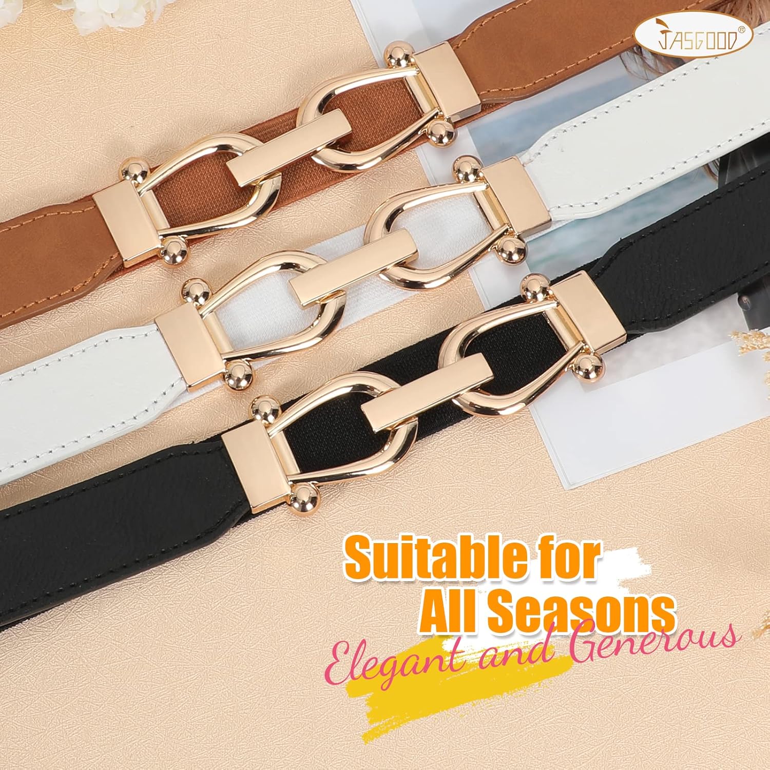 JASGOOD Women Stretchy Waist Belt Retro Elastic Skinny Belt for Ladies with Gold Buckle