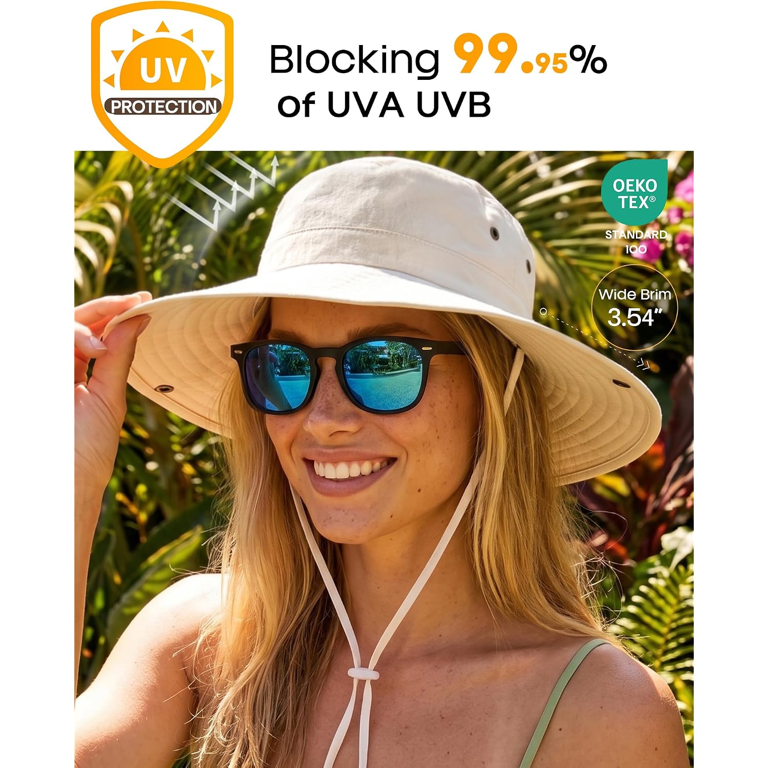 FURTALK Sun Hats for Women Ponytail UV Protection Beach Summer Hat Wide Brim Packable Cowboy Hat Beige