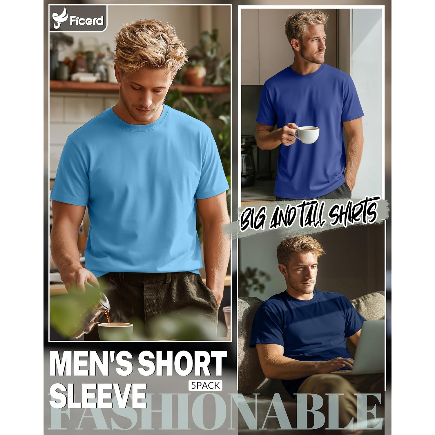 Ficerd 5 Pack Men'S Big And Tall Shirts Short Sleeve Cotton Tee Summer Crew Neck Oversize Top Loose Fit Shirt Multipack