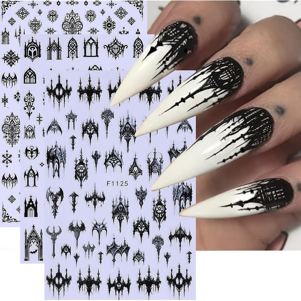 Gothic Nail Stickers Witchy Decals 12PCS Dark Black Goth Nail Art Stickers 3D Self-Adhesive Totem Punk Belt Nails Designs DIY Bat Holiday Nail Supplies French for Acrylic Manicure Decoration