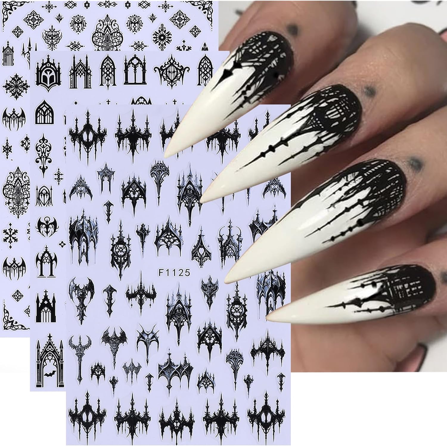 Gothic Nail Stickers Witchy Decals 12PCS Dark Black Goth Nail Art Stickers 3D Self-Adhesive Totem Punk Belt Nails Designs DIY Bat Holiday Nail Supplies French for Acrylic Manicure Decoration