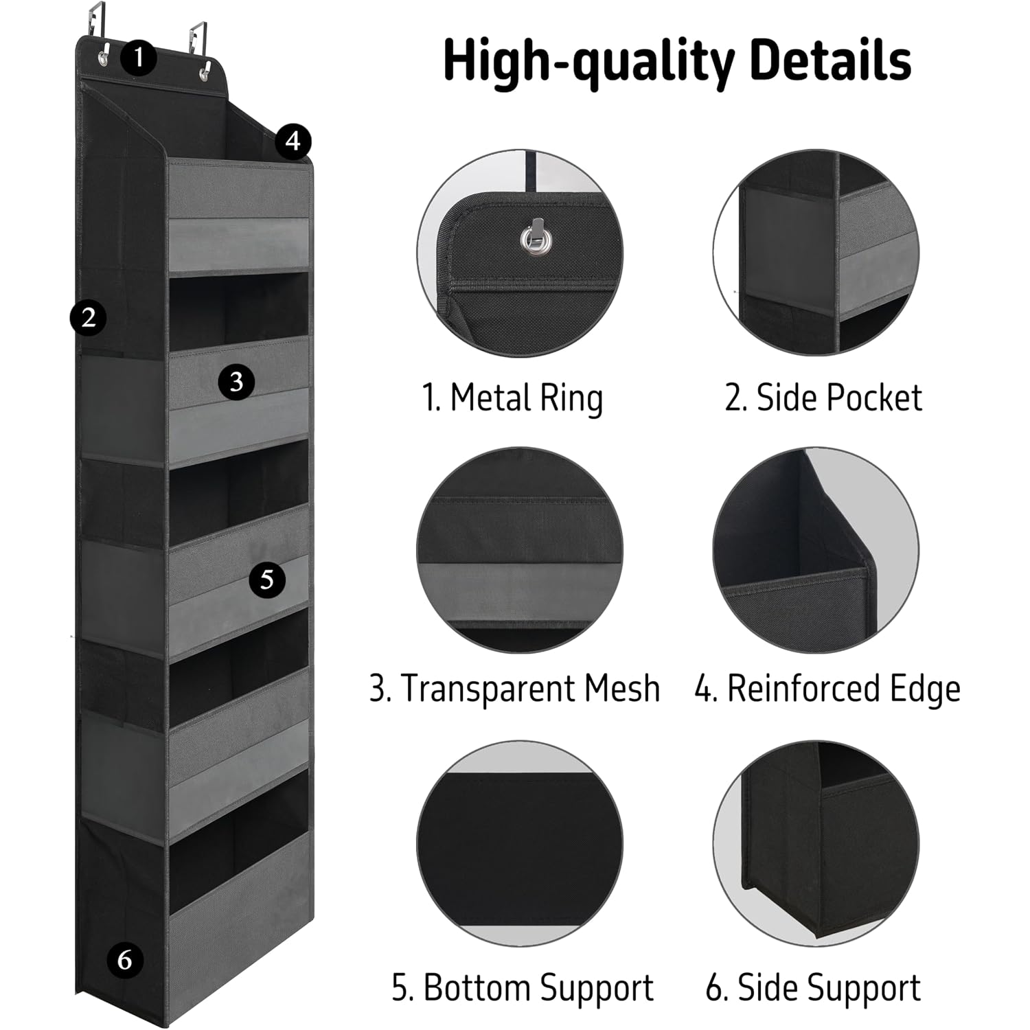 Tymensh Black Over Door Organizer With 5 Large Clear Pockets And 6 Side Mesh Pockets, Anti-Tilt Hanging Door Storage For Closet, Bathroom, Nursery, Bedroom, Dorm, Toys, Cosmetics