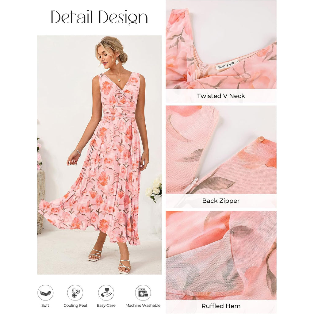 Grace Karin Women'S Summer Sleeveless Floral Maxi Dress V Neck Formal Wedding Guest Dress A Line Beach Vacation Clothes