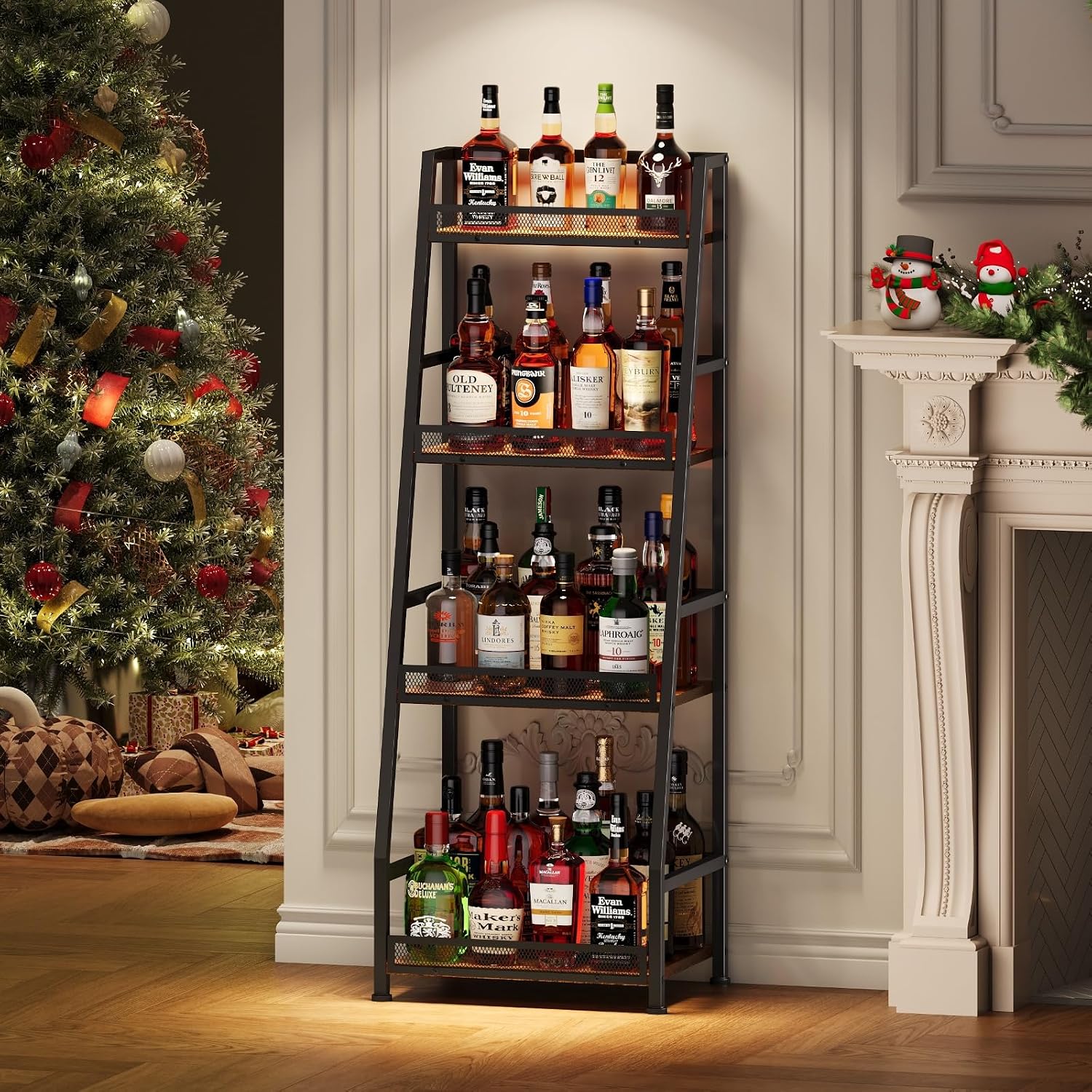 4-Tier Trapezoid Liquor Stand For Home Bar, Stepped Wine Rack Freestanding Floor Liquor Cabinet For Whiskey Wine, Versatile Corner Wine Bottle Display Stand With Fences, Vintage Brown（Patent Pending）