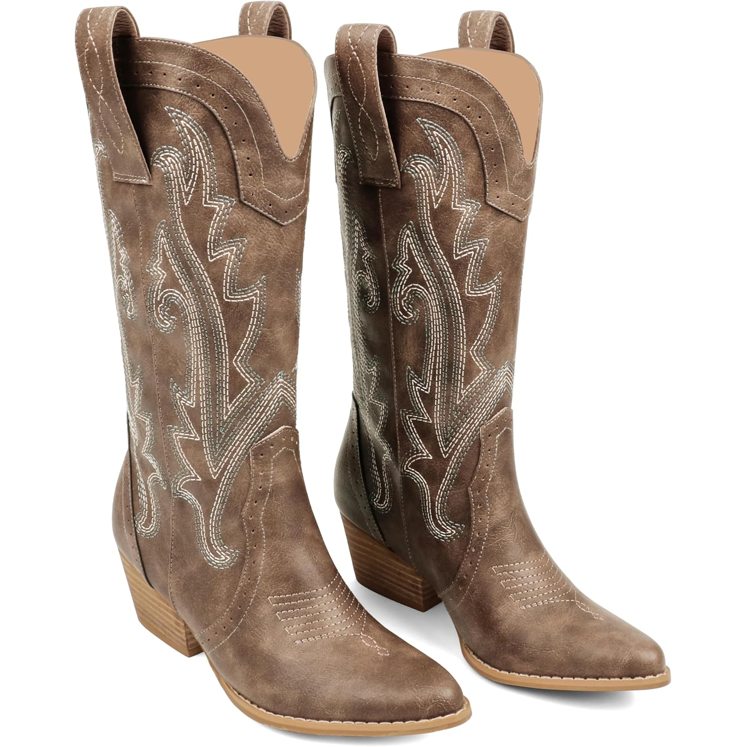 Zzheels Women Mid-calf Cowboy Boots Pointy Toe Boot Embroidered Western Cowgirl Boots Chunky Heels